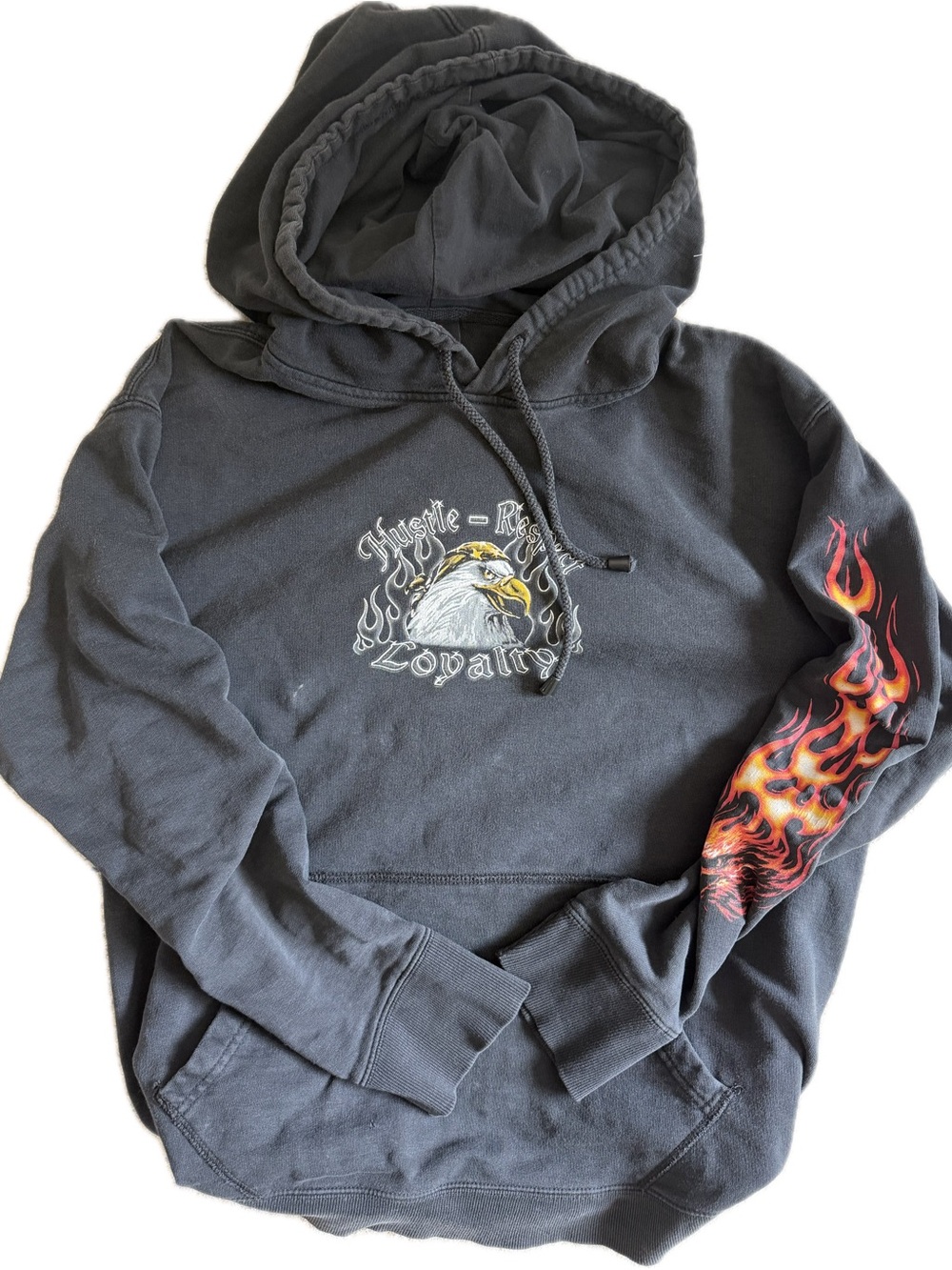 Black Graphic Hoodie with Eagle & Flame Sleeve